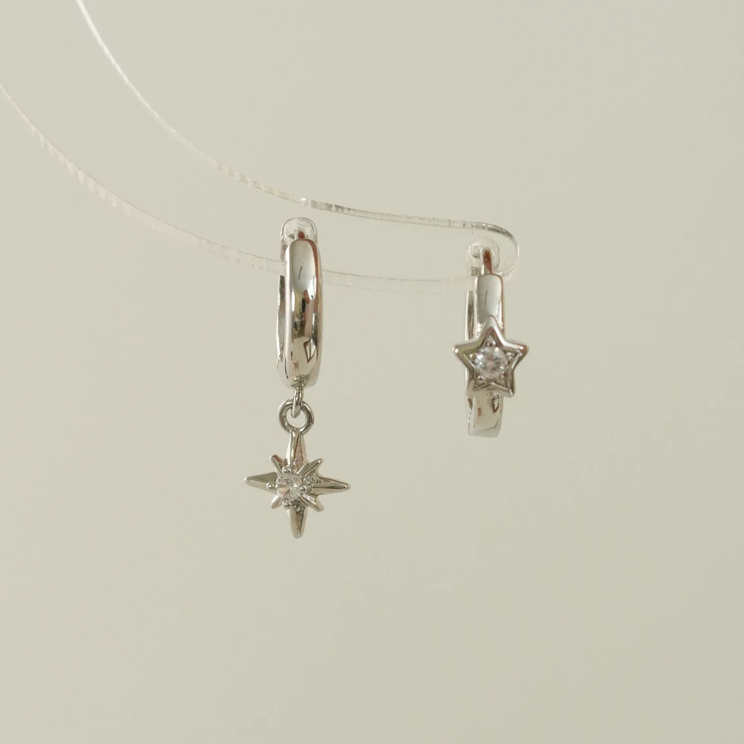 因缺斯汀饰品 铜合金耳饰 【星芒】不对称锆石星星耳扣蚊香盘耳夹