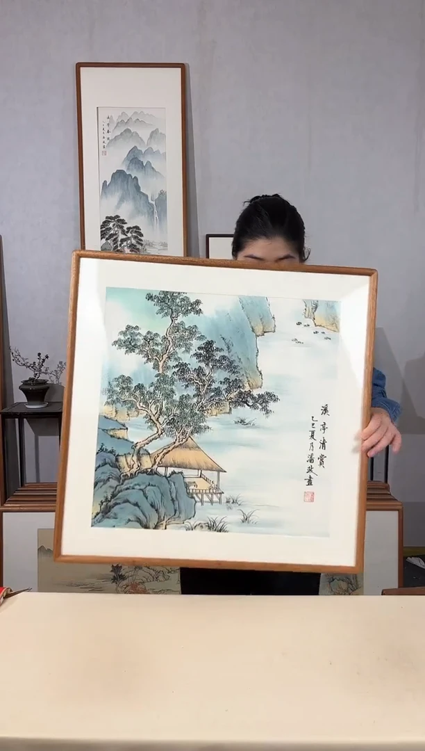 国画手绘*溪亭清赏*62*62cm实木框