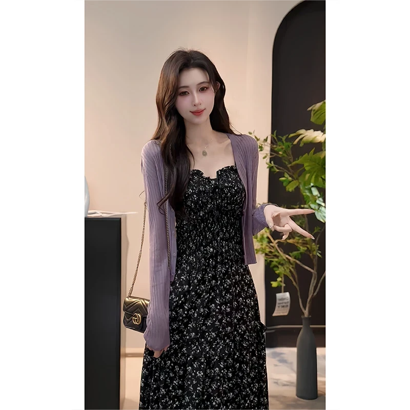 法式碎花吊带连衣裙子女早初春夏季2025新款开春气质穿搭套装长裙
