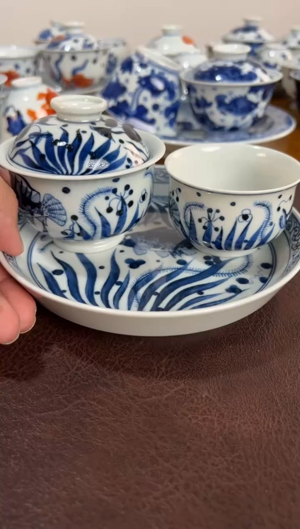?****?照夜白青花炉式鱼藻3件套