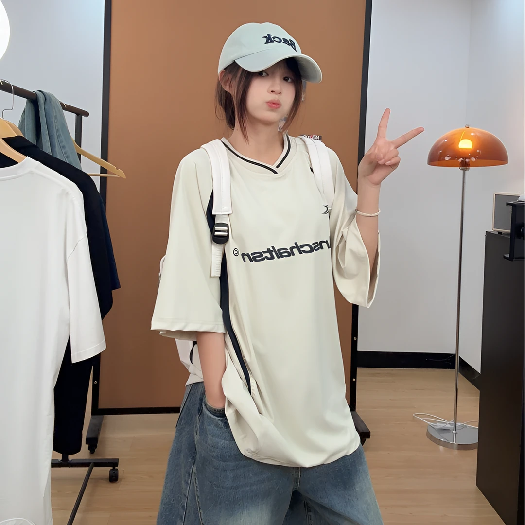 休闲运动风拼色复古短袖t恤女2025夏季新款泽西风小个子穿搭上衣