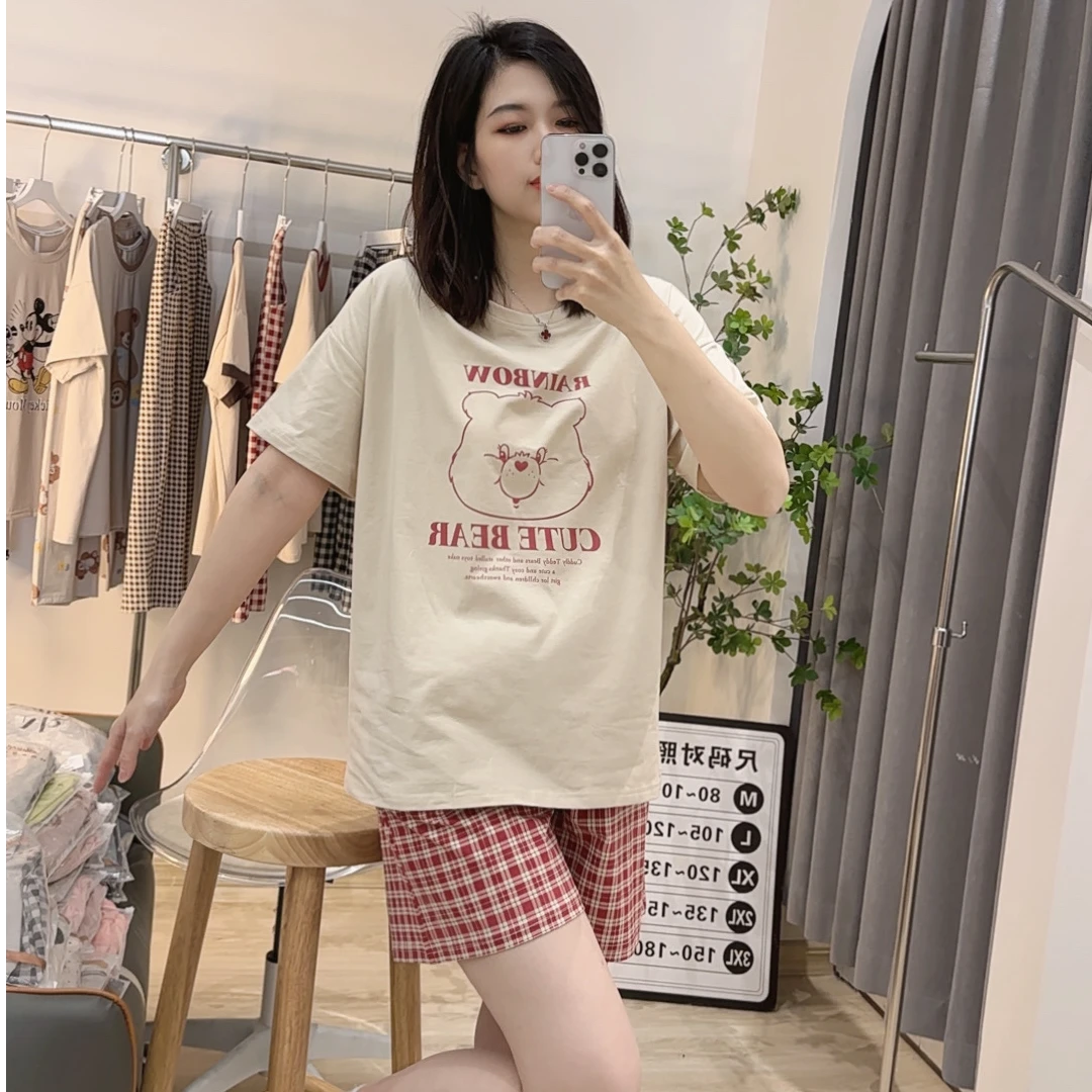 夏季爽棉睡衣女时尚休闲宽松格子印花韩版卡通简约居家舒适家居服