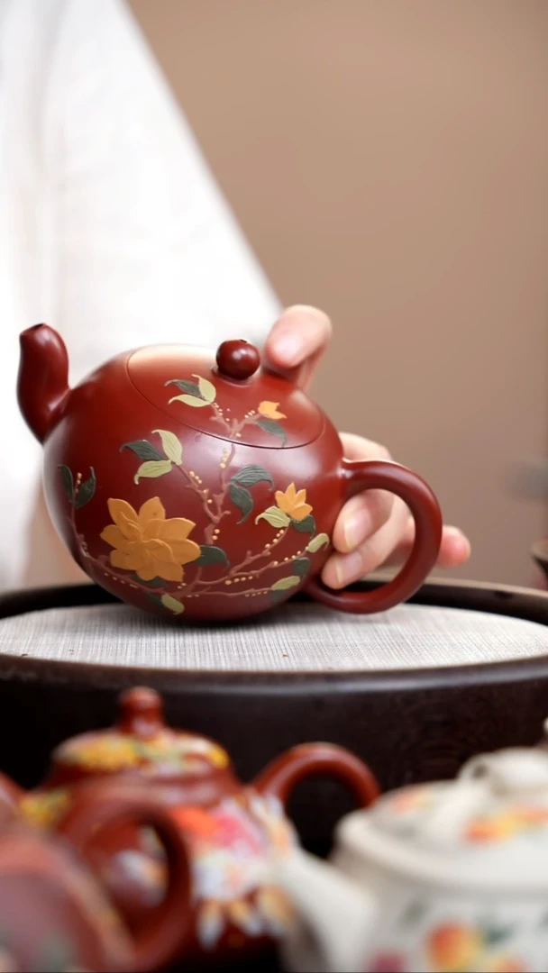 茶壶紫砂朱泥一粒珠泥绘玉兰003