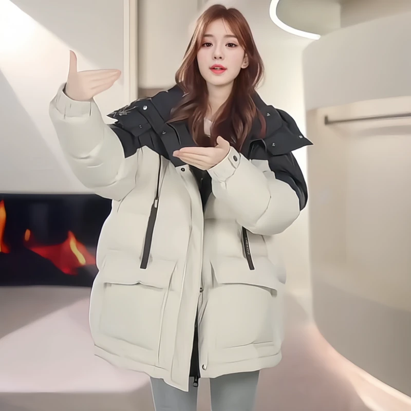韩版时尚拼色连帽棉服女2025年冬季巨好看超火小个子宽松面包服