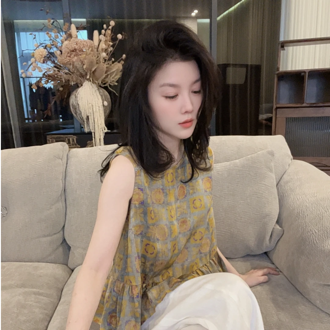 【悦悦专属】新中式格子花卉图案下摆压褶花边马甲Y496