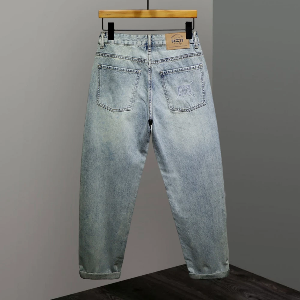 Jeep吉普春秋季薄款浅蓝色牛仔裤男宽松直筒阔腿裤水洗大脚口长裤