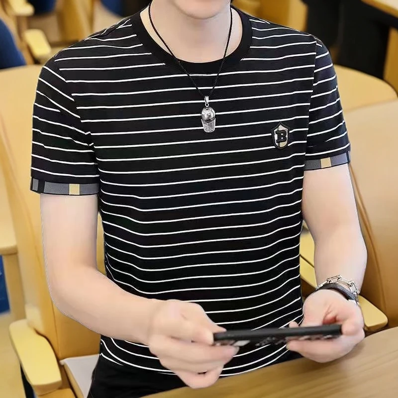 男士短袖新款夏季圆领休闲宽松半袖潮牌百搭条纹大码男装体恤上衣