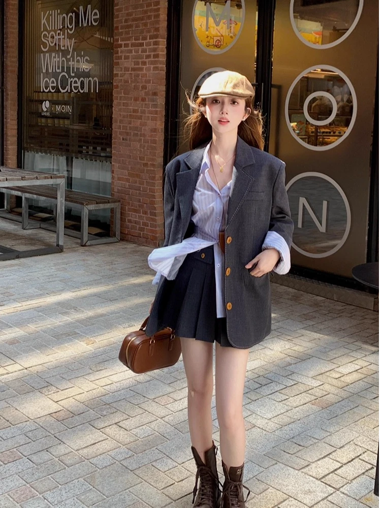 藏蓝色直筒西装外套百褶半身裙+格纹长袖收腰衬衫女秋季时尚套装