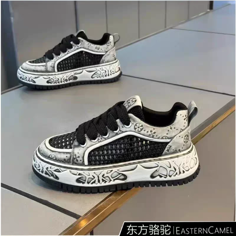 东方骆驼潮牌男鞋夏季透气镂空网面休闲潮鞋厚底运动做旧黑色板鞋