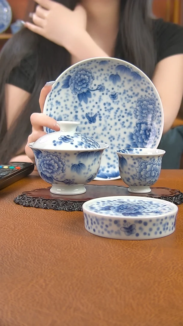 景德镇手工青花牡丹花套组
