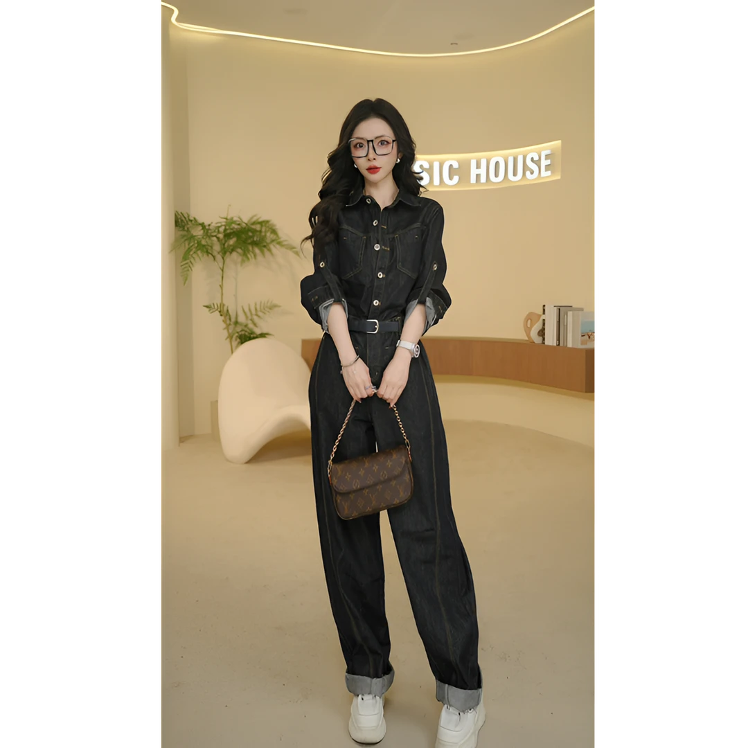 Basic House/百家好2025新款设计师高定休闲百搭气质牛仔连体裤女