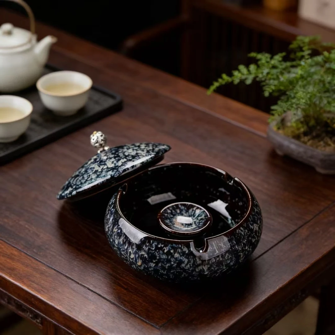 中式烟灰缸带盖客厅时尚茶桌装饰烟缸摆件创意个性潮流陶瓷防飞灰
