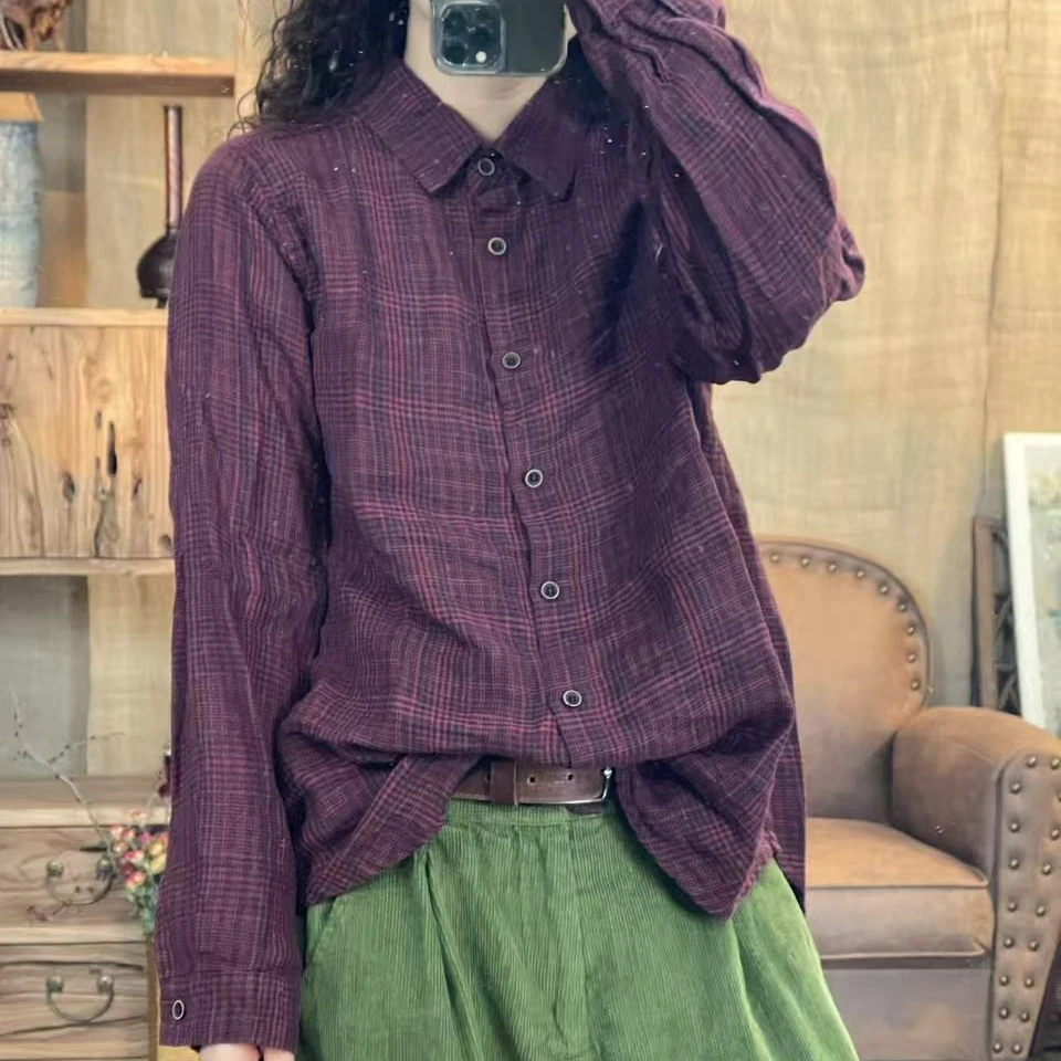 [四月阳光]春季亚麻格子炒色复古港风休闲衬衫(长64胸围110)