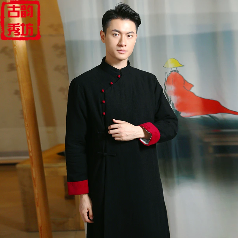 冬季复古唐装棉袄男士青年中式汉服中国风外套男装禅修服长衫长袍
