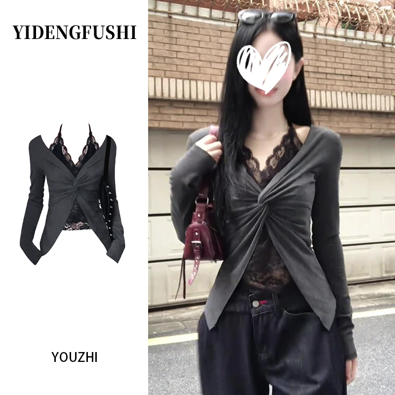 YIDENG纯欲风蕾丝拼接假两件纽结长袖女秋季小众收腰显瘦打底t恤