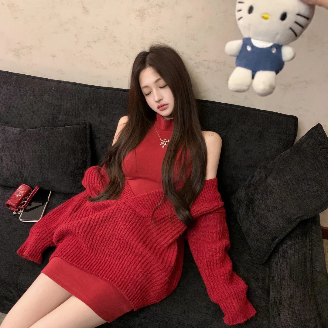 红色V领毛衣外套女冬季宽松慵懒新年圣诞节辣妹针织衫两件套套装