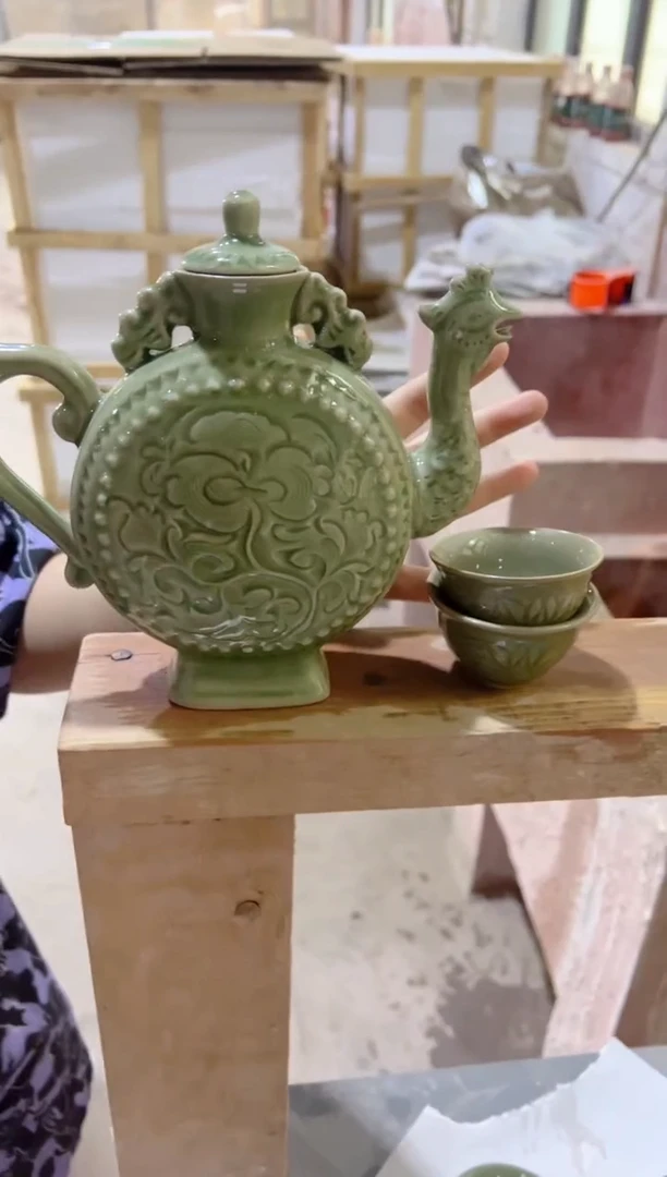 微瑕耀州窑凤鸣壶+莲纹小杯2