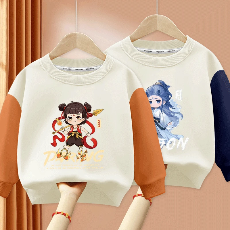 儿童哪吒卡通春秋季新款小中大男女童卫衣圆领宽松长袖上衣趣味潮