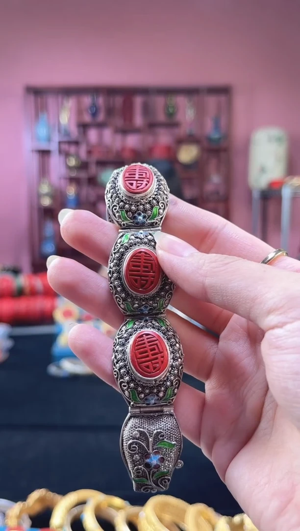 非遗技艺 花丝镶嵌雕漆手牌 寿字