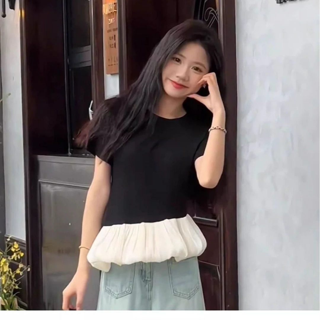 拼接辣妹短袖短款法式T恤气质设计感高腰显瘦韩版时尚圆领上衣女