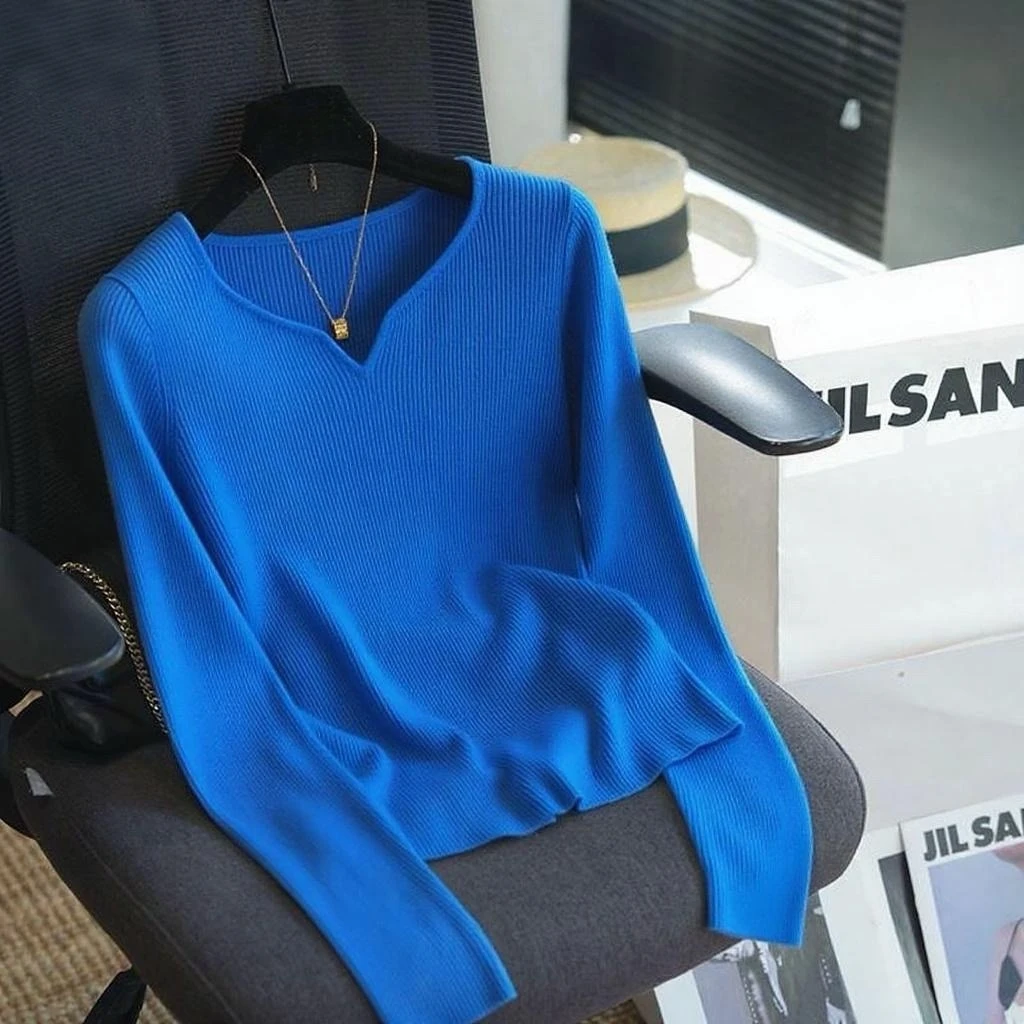卡莲格/克莱因蓝色长袖针织衫女秋季chic韩版时尚修身显瘦打底衫