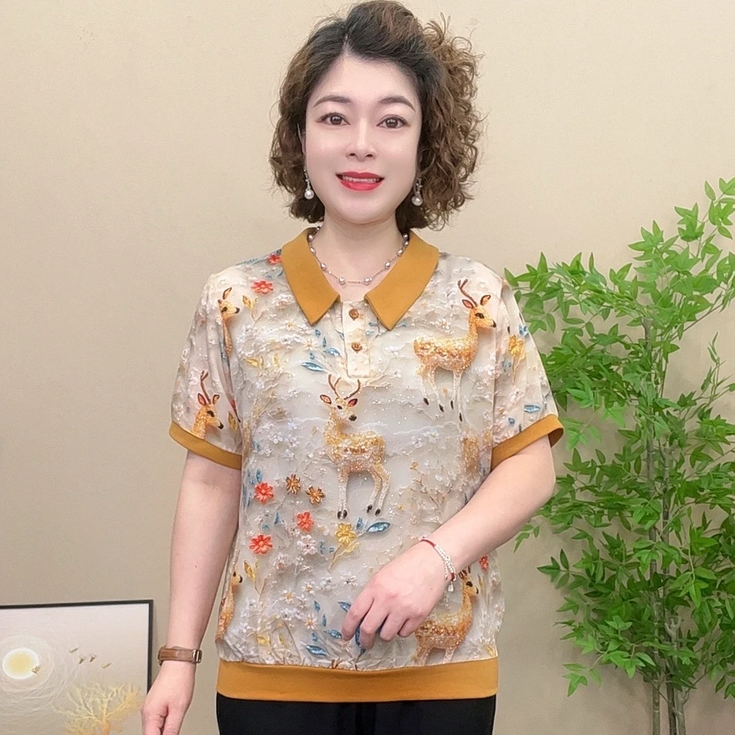 短袖夏季薄款妈妈装雪纺衫上衣小衫显瘦气质宽松百搭时尚洋气女士