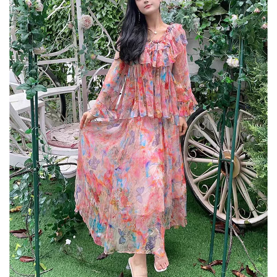 真丝连衣裙2025夏桑蚕丝长袖印花气质时尚优雅粉蝴蝶2519