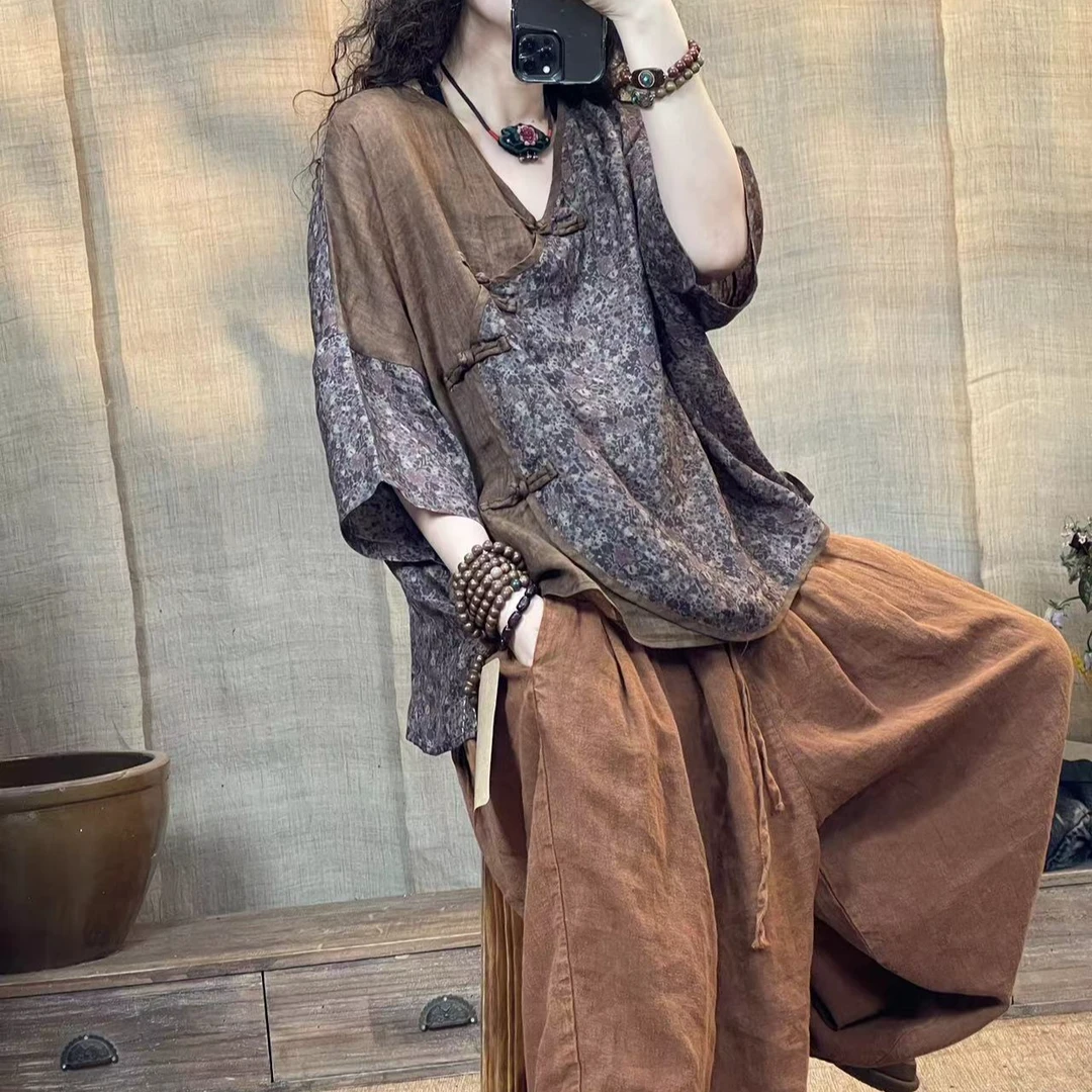 [四月阳光]夏季国风印花复古斜盘扣拼色上衣(长62胸围140)