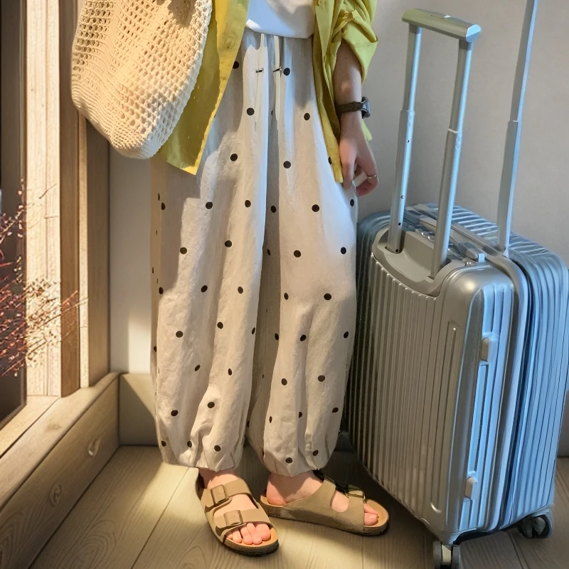 亚麻孕妇阔腿裤夏季薄款波点灯笼裤抽绳轻薄遛弯外穿宽松九分裤子