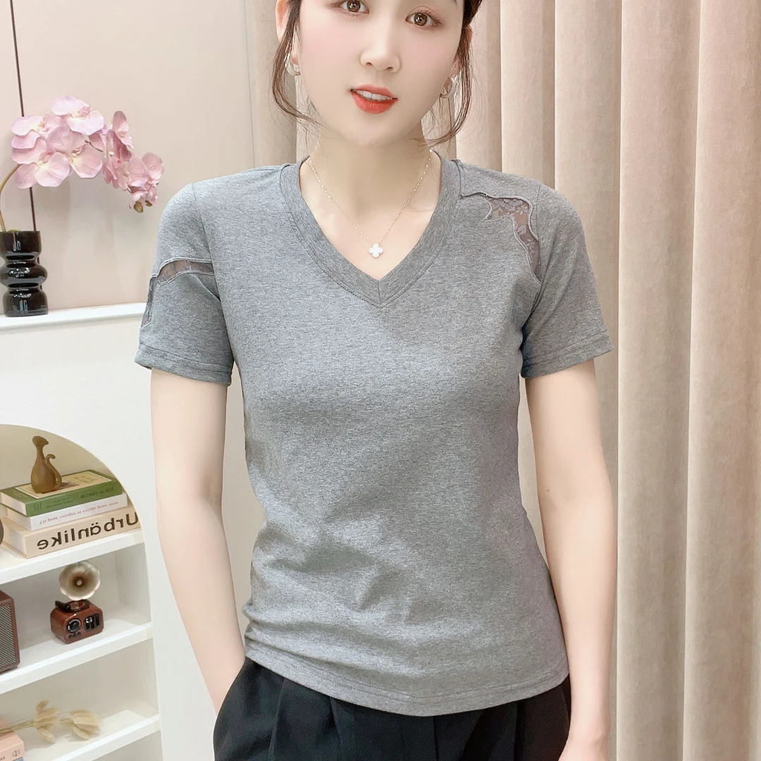 鑫坷春夏新款v领镂空时尚气质洋气百搭打底上衣女813