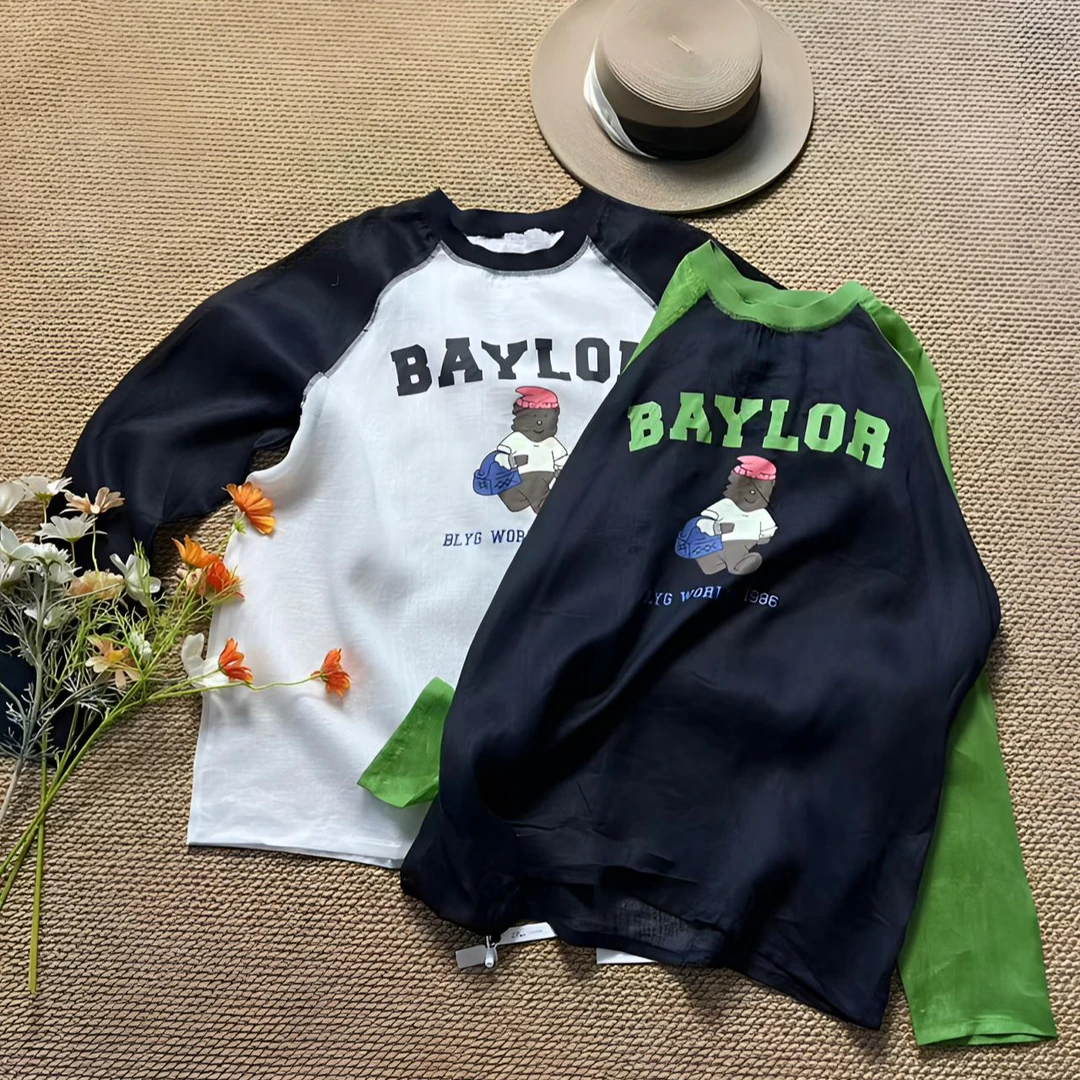 大码麻撞色拼接复古港风长袖卡通防晒圆领T恤休闲时尚显瘦