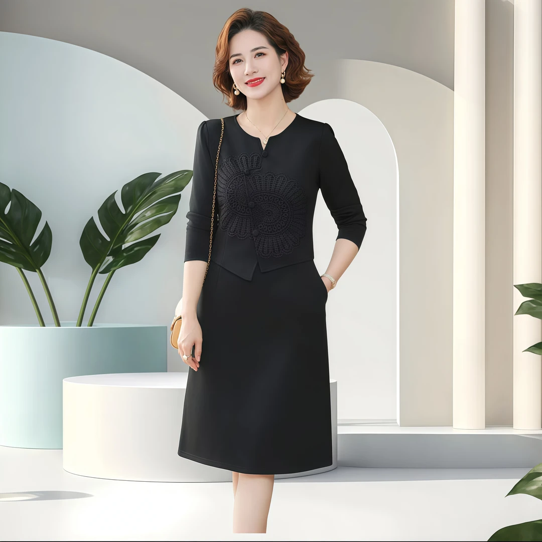 2025春季新款时尚百搭遮肉显瘦气质优雅假两件连衣裙