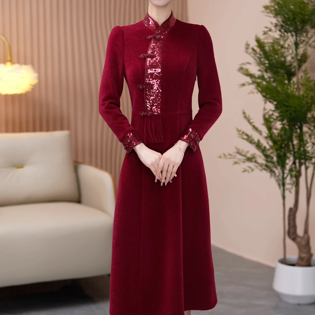 【芊恩女装】X24228冬季新款改良新中式旗袍连衣裙遮肚子收腰显气质