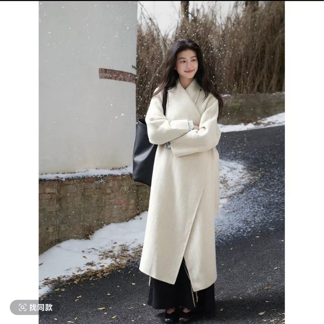 中长款秋冬翻领防风长款毛呢外套过膝显瘦