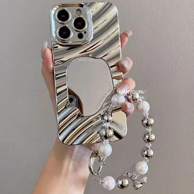 高级感电镀银水波纹镜面适用苹果/华为/oppo/vivo/小米手链防丢