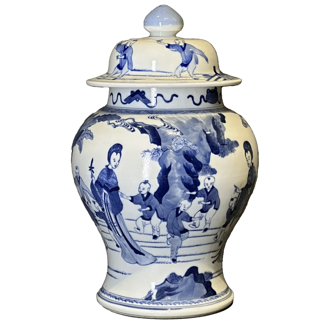 25014805y青花教子纹将军罐