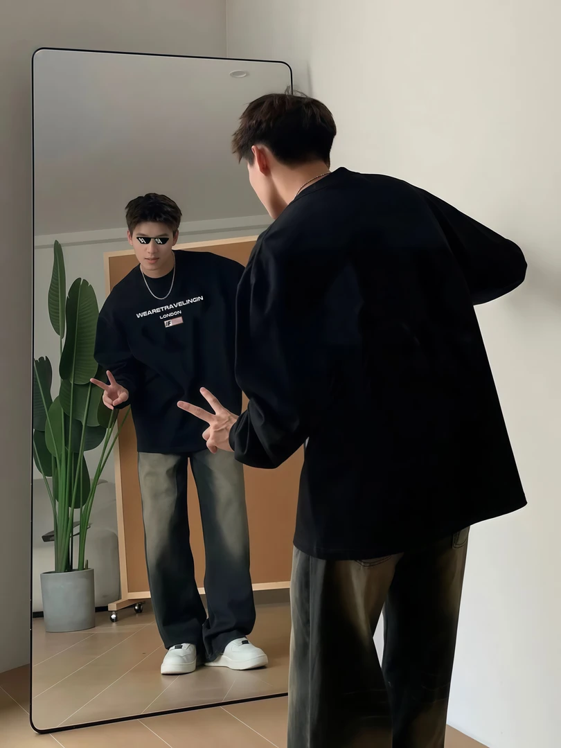 秋冬季潮牌复古字母印花宽松长袖T恤男美式休闲高街纯棉打底重磅