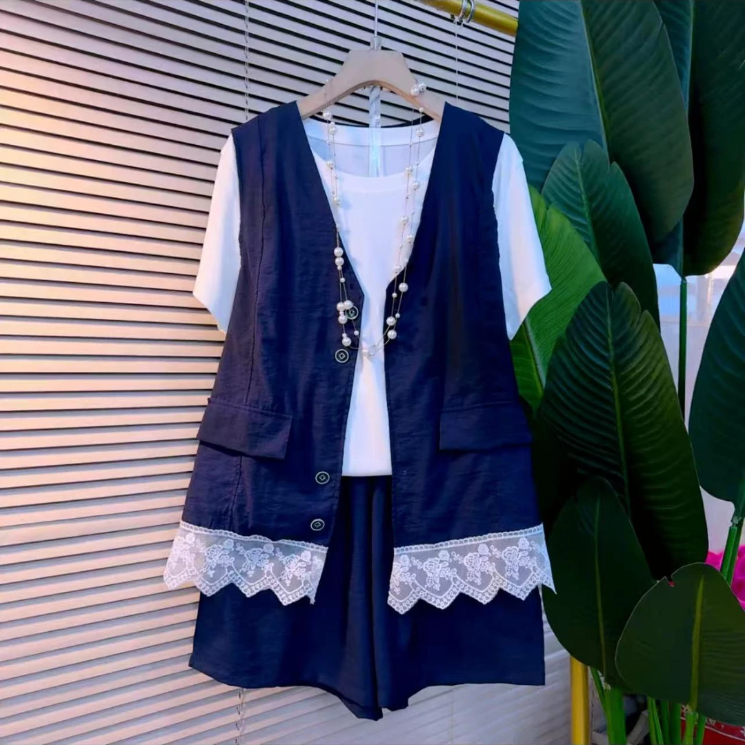 021欧洲站时尚夏季蕾丝拼接休闲牛仔套装