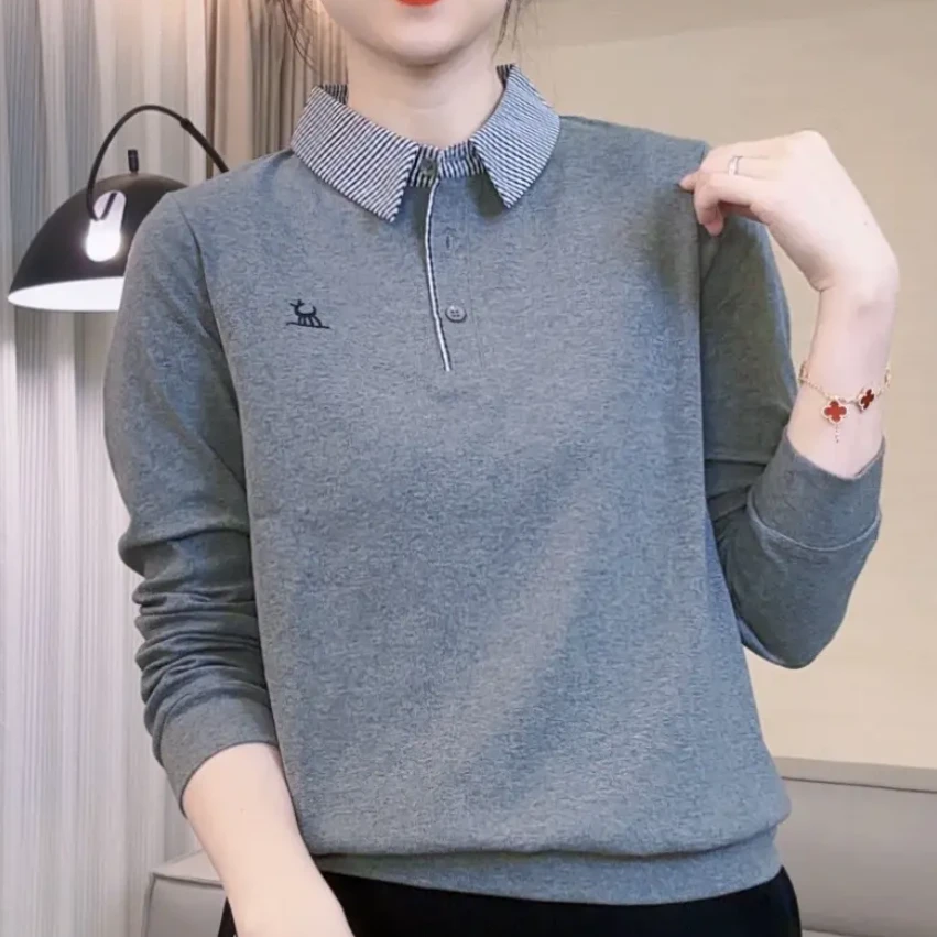 春夏新款翻领长袖格子领拼接卫衣时尚百搭打底衫显瘦气质减龄上衣