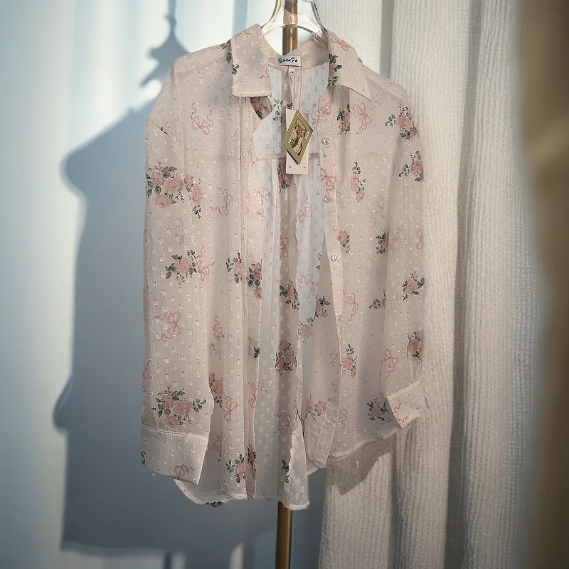 宽松印花防晒衬衫薄款长袖法式气质衬衣休闲垂感上衣外套