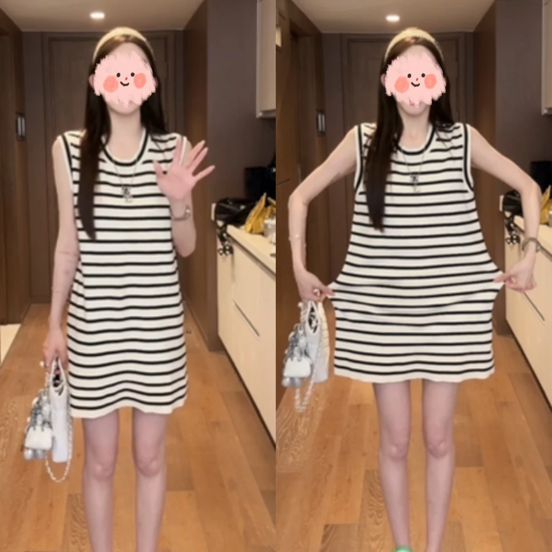 法式气质条纹无袖背心连衣裙女夏季新款宽松显瘦设计感小众A字裙