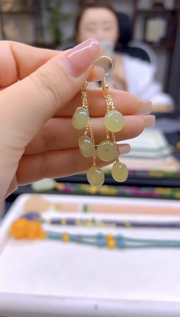 和田玉14K金镶嵌耳饰DIY款E841