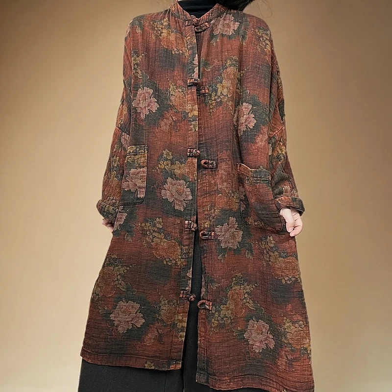 春秋新款5153炒色做旧气质时尚复古中长款休闲百搭花色外套连衣裙