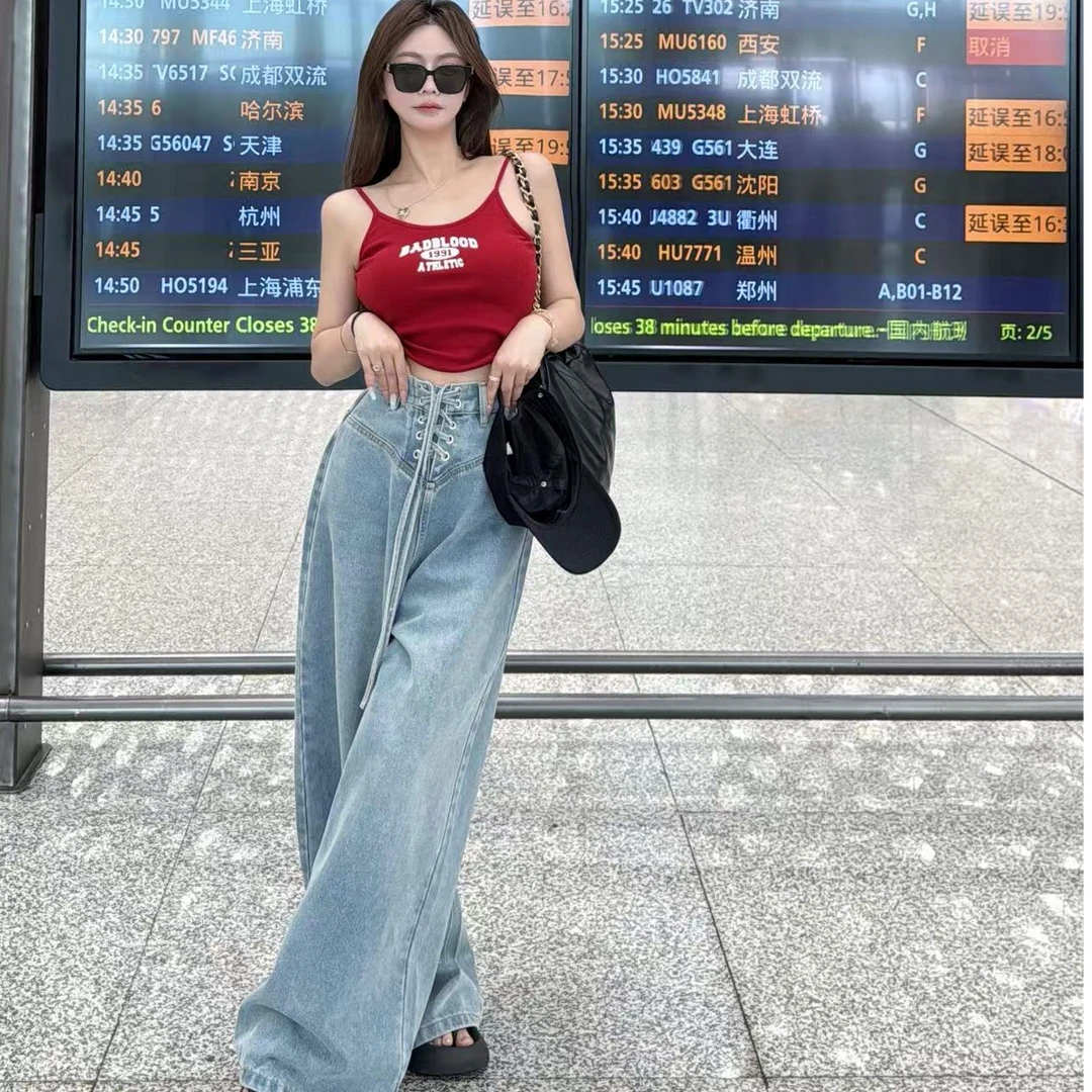 【YKL】都市主角 设计感时髦高腰绑带阔腿牛仔长裤