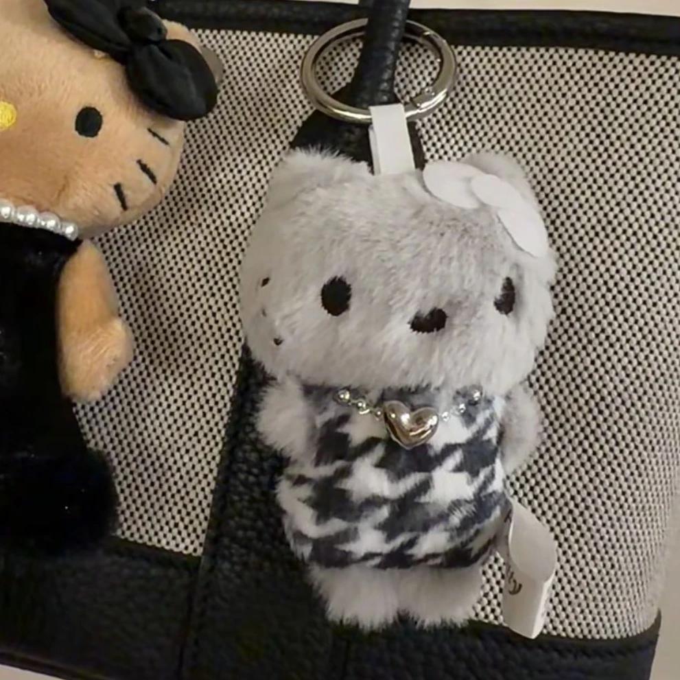 【大阪限定】Hello Kitty 灰色长毛千鸟格Kitty钥匙扣玩偶
