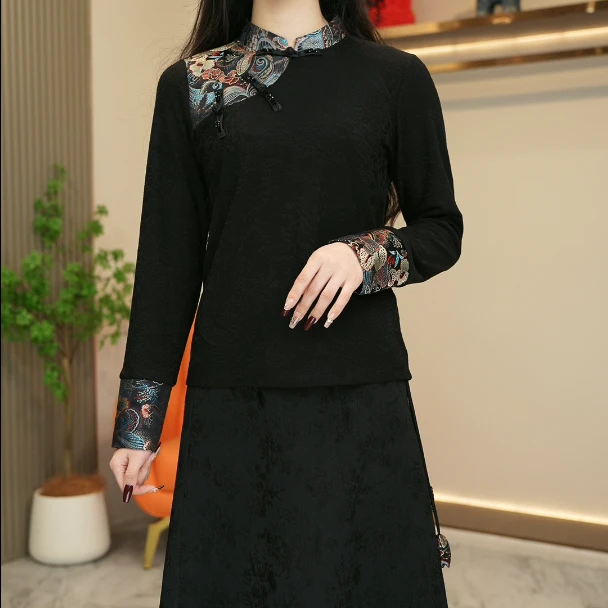 313秋冬新款国风打底衫加绒加厚重工刺绣长袖打底衫