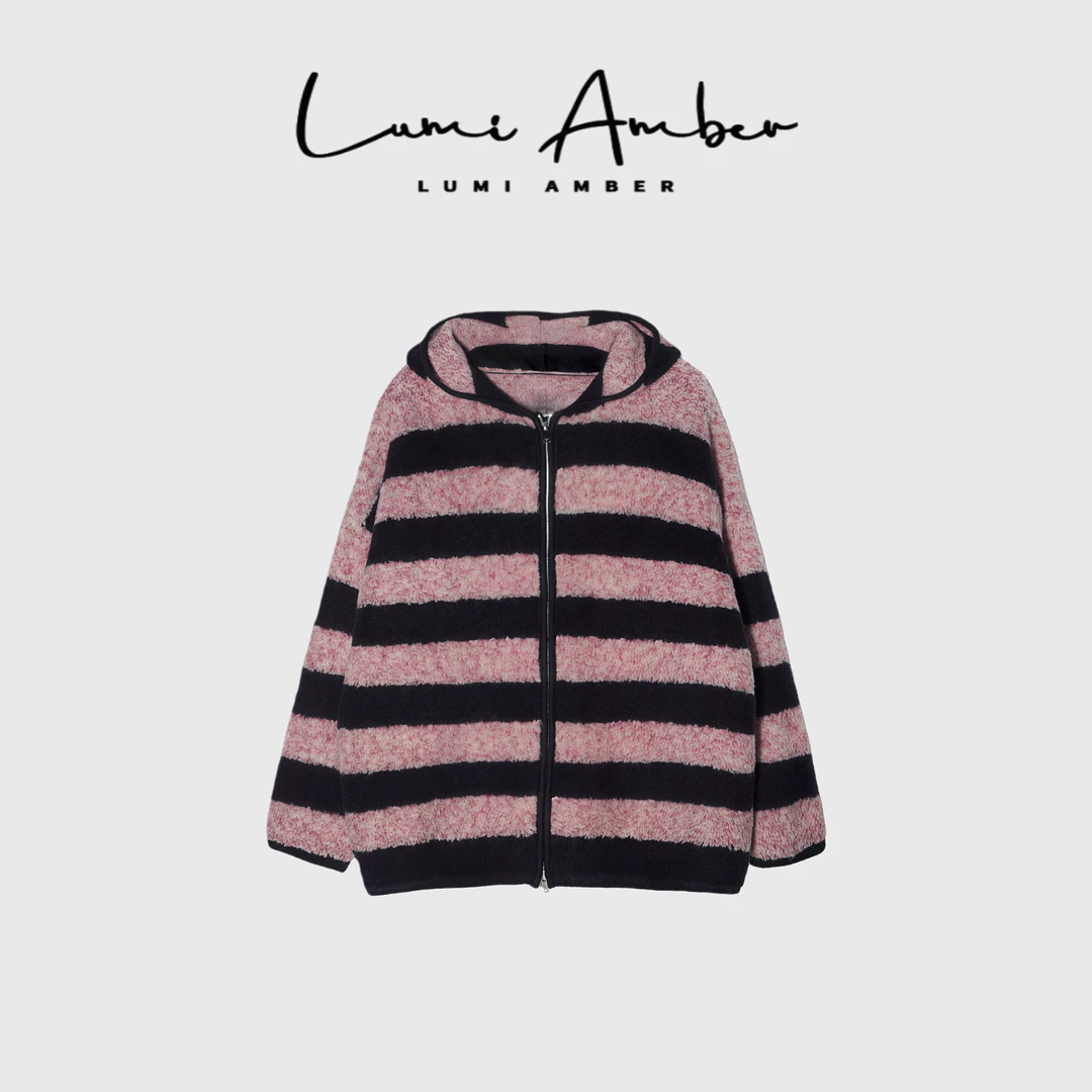 Amor樱花*100羊毛 亲肤顺滑条纹连帽拉链针织开衫MEF-GT15-63-122