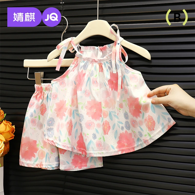 婧麒女宝宝碎花连衣裙休闲风甜美卡通A字裙夏季无袖套装女童服饰