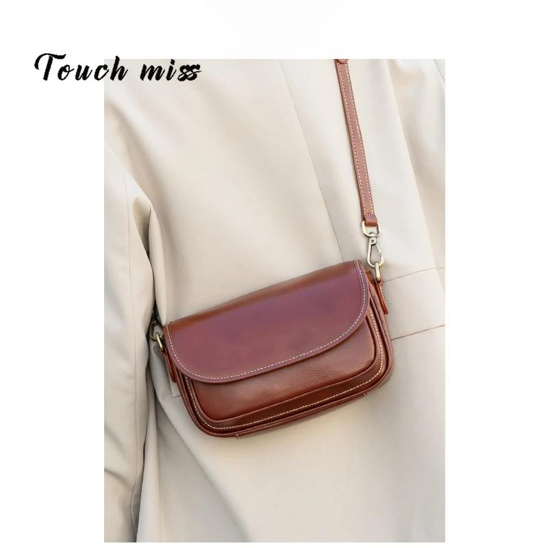 TOUCH MISS头层植鞣牛皮马鞍包2025新款秋冬邮差包宽肩带斜挎小包