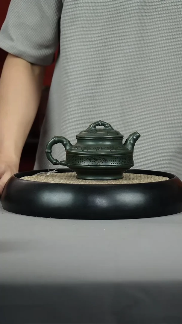 茶壶紫砂绿泥 双线竹鼓